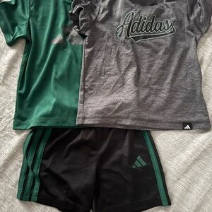 adidas Gray Logo Tee with Green Athletic Shorts Set